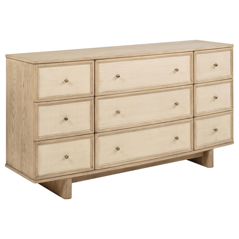 Commode large Lno, 9 tiroirs décoratifs avec poignées en laiton beige