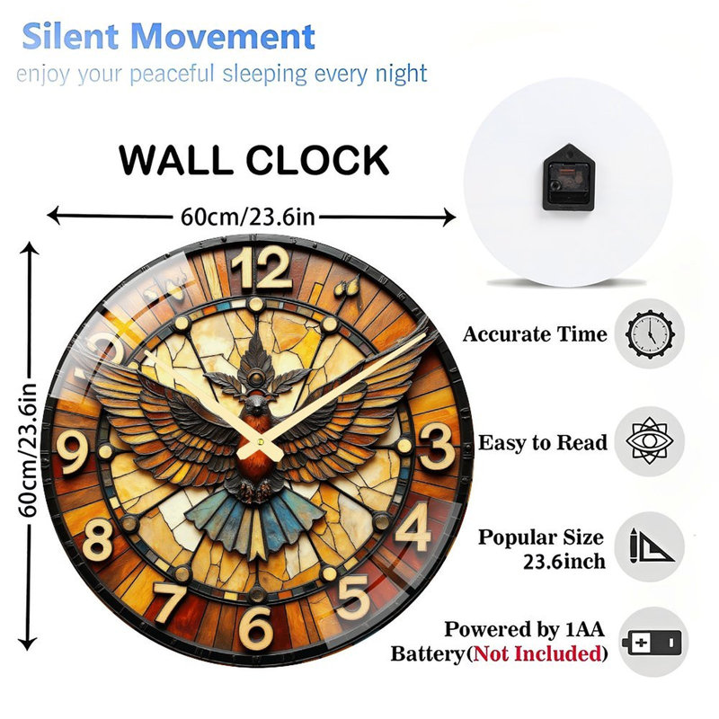 Horloge murale oiseau en vitrail pour décoration intérieure - Horloge murale 24 po
