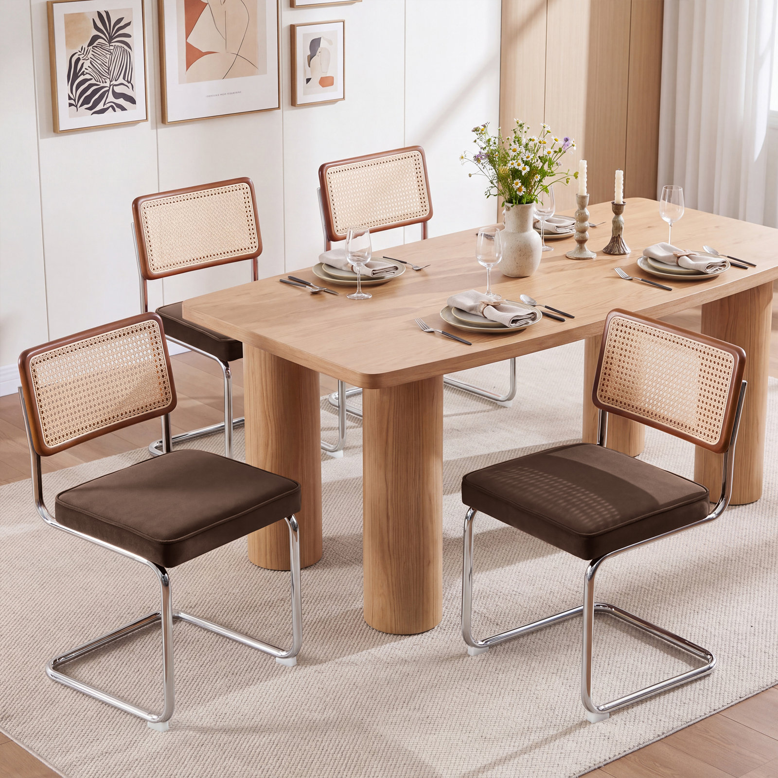 Walton Cantilevered metal dining chairs with rattan back, Drak Brown