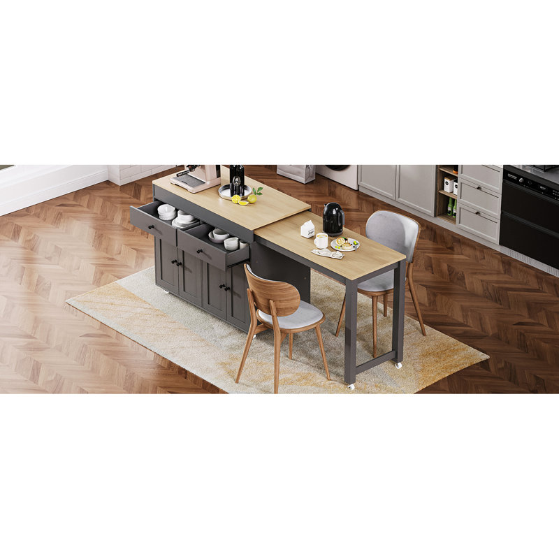 Îlot de cuisine gris avec armoire à 4 portes et plateau de table à 7 roulettes