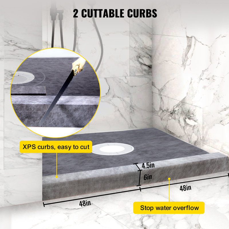 Shower Curb Kit, 48/"X48/" Watertight Shower Curb Overlay With 4/" ABS Central Bonding Flange, 4/" Stainless Steel Grate, 2 Cuttable Shower Curb And Trowel, Shower Pan Slope Sticks Fit For Bathr
