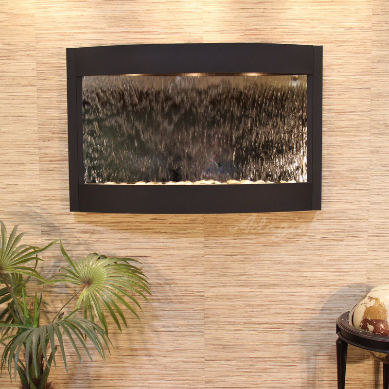 Calming Waters Hand Crafted Natural Stone Weather Resistant Waterfall Fountain with Light, Textured Black, Silver Mirror