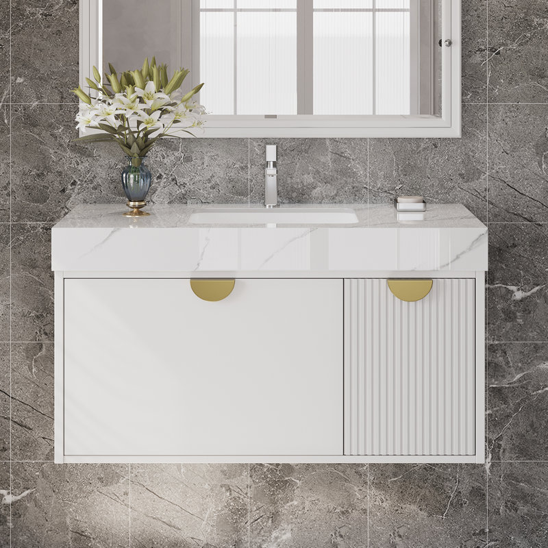 36'' Floating Vanity Bathroom, Modern Single Sink Bathroom Vanity with Drawers and Ceramic Basin, White