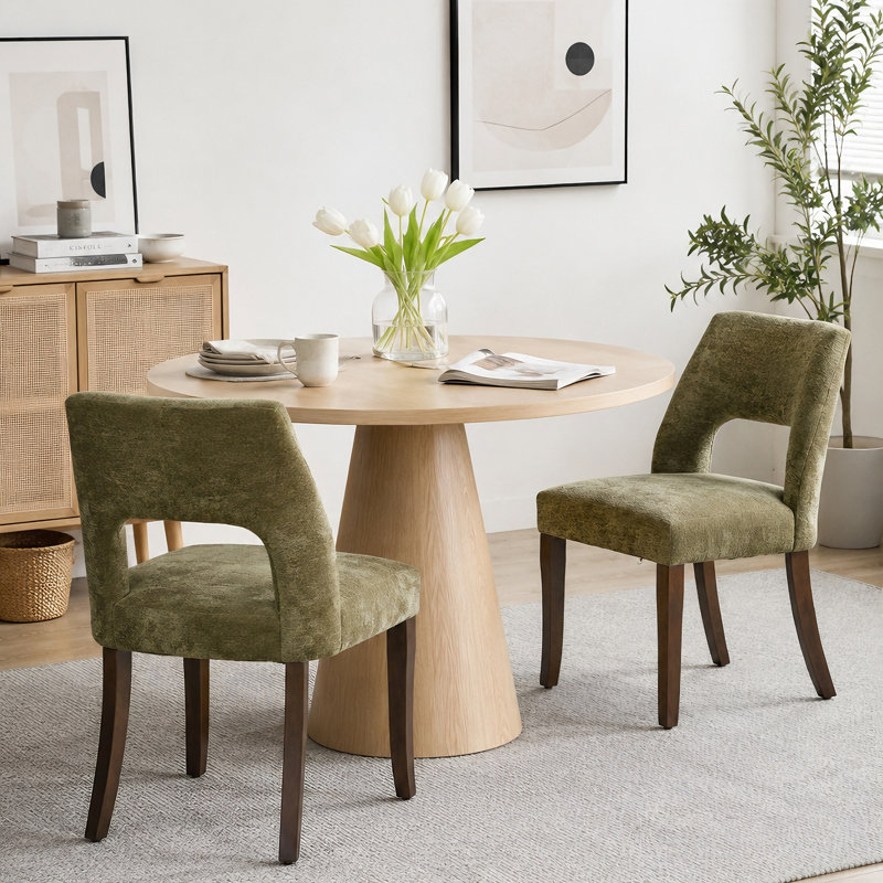 Ensemble de 2 chaises de salle à manger en chenille avec pieds courbés en bois massif, Green, Green