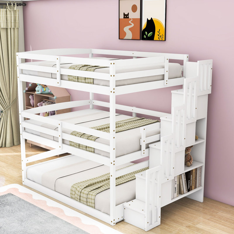 Lit double superposé double au-dessus d'un lit double au dessus d'un lit double avec escalier, Blanc