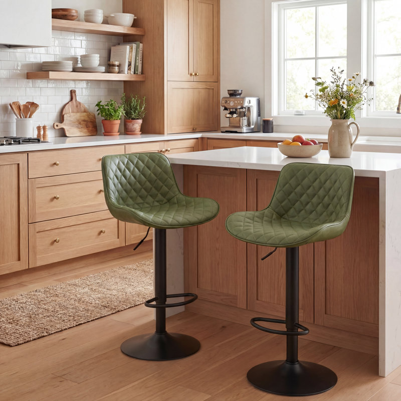 Swivel Upholstered Adjustable Height Counter Stool with Metal Frame, 2, Bean Green Faux Leather/Black Frame