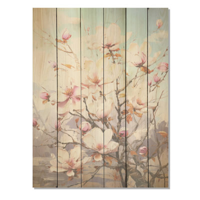 Rose et blanc Magnolia Bliss - Magnolias, art mural sur bois de pin naturel