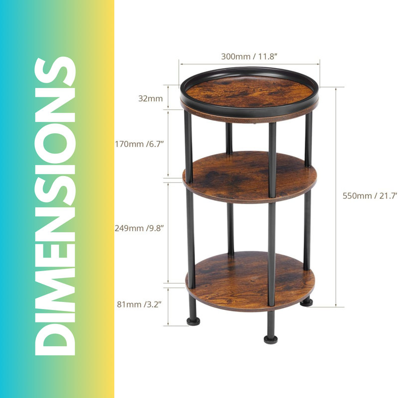 Alamar Rustic 3 Tier Side Table with Storage Shelves, End Table, Living Room