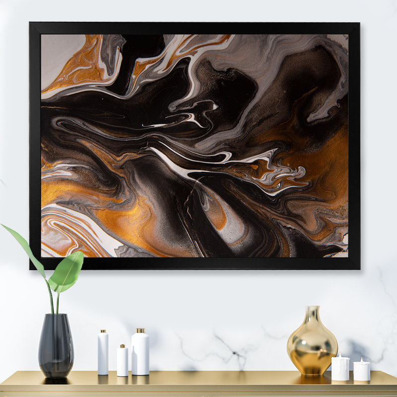 Orange et vagues de marbre noir II - impression sur toile, Cadre noir, H 30 po x l 40 po x P 1,5 po