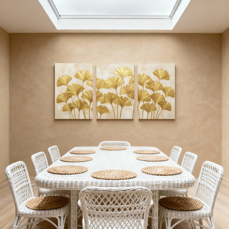 Plantes et fleurs, feuilles de ginkgo doré sur fond crème, ensemble de 3 impressions d'art sur toile, H 24 po x l 48 po