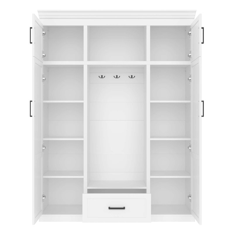 85.2''H Hall Tree With Bench And 3 Hooks, Modern Entryway Storage Organizer Cabinet With 4 Doors, 1 Drawer And Adjustable Shelves For Hallway, Entryway, Living Room