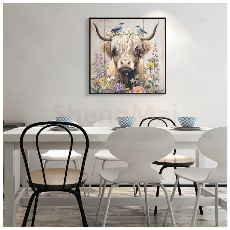 «Farmland Highland Cow», impression murale sur toile de couleur neutre: vache rustique et chrysanthème, idéale pour le salon et la cuisine