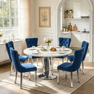 7-Piece Round Faux Marble Dining Table Set for 6, Luxury 47" Circle Kitchen Dining Room Table with Silver Diamond Pedestal Base