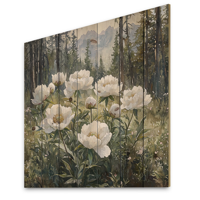 Pivoines dans la forêt alpine I - Art mural en bois pivoines - sur bois de pin naturel, H 25 po x l 25 po x P 0,78 po