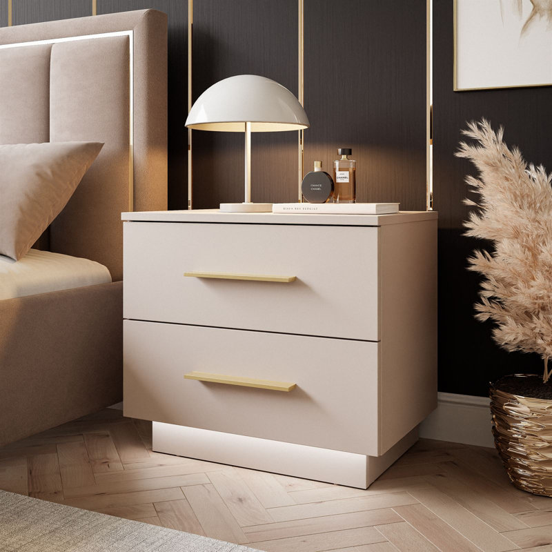 2 Drawer Catrien Bedside Table, Cashmere/Matte Gold
