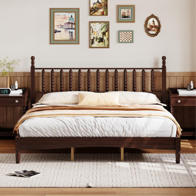 Wood Platform Bed With Gourd Shaped Headboard, Retro Style Platform Bed With Wooden Slat Support