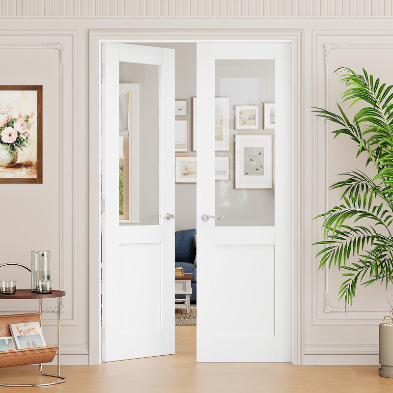 Porte intérieure semi-vitrée en verre clair, portes françaises en MDF CARB P2 et verre trempé SGCC, quincaillerie en nickel satiné - poignée de porte avec serrure, loquet et charnières, préfinie et imperméable, garde-manger, chambre, salle de bain et placard, teinture facile à faire soi-même, 122 cm x 203 cm