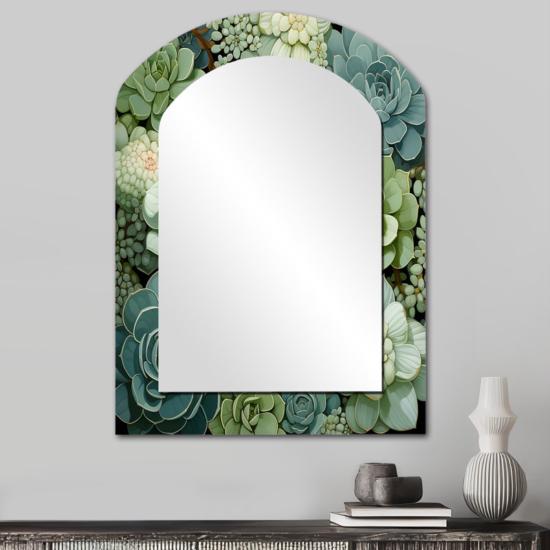 Green Succulents Flowers Serene Succulents IV - Large Arched Wall Mirror On Metal, 34" x 25"