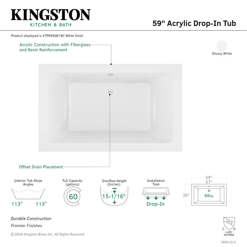 Kingston Brass Aqua Eden 59-Inch Acrylic Rectangular Drop-In Tub with Reversible Drain
