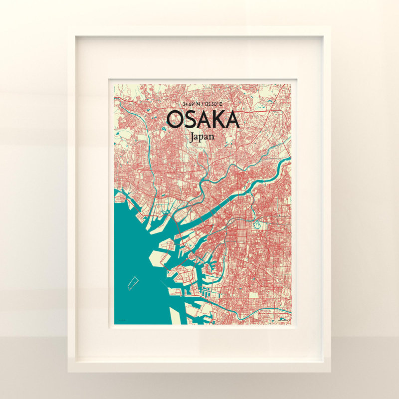 Osaka City Map in Tricolour 1 Piece Wall Art, 20cm H x 16cm W x 0.05cm D