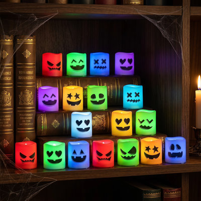 Lot de 48 bougies votives sans flamme à changement de couleur effrayant, bougies chauffe-plat DEL à piles (plus de 200 heures d'autonomie), citrouille d'Halloween, maison hantée, décorations d'intérieur pour les fêtes.
