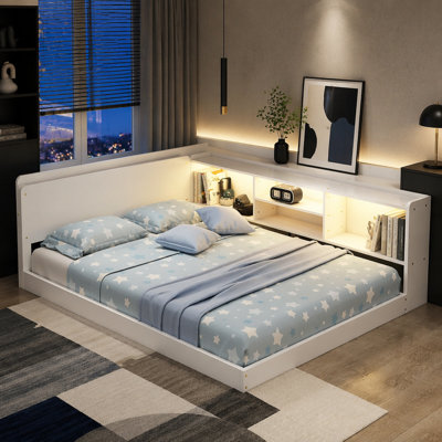 Base de lit en forme de L pour enfants, lit d'angle avec compartiments de rangement latéraux Montessori, station de charge intégrée et éclairage