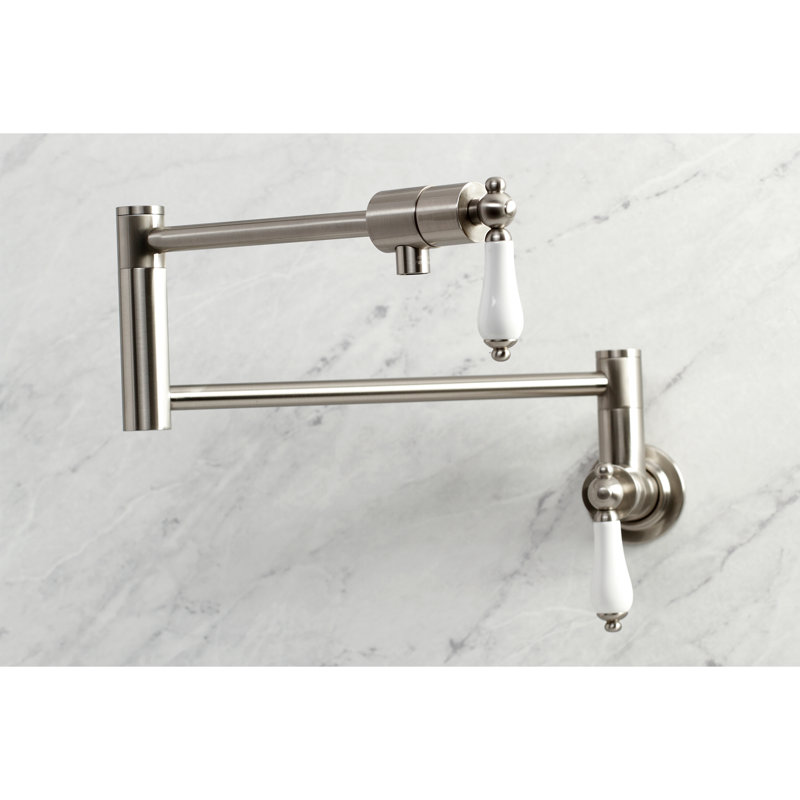 Kingston Brass Duchess Two-Handle 1-Hole Wall Mount Pot Filler Faucet, Brushed Nickel/White
