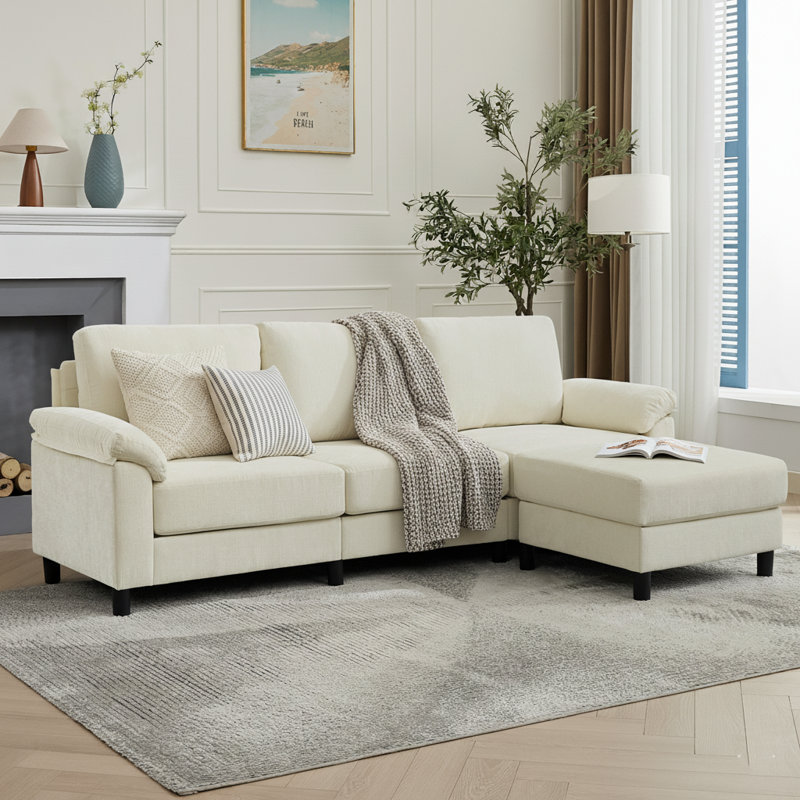 4-Piece Upholstered L-Shape Convertible Sectional Couches Sofas with Ottoman, Beige