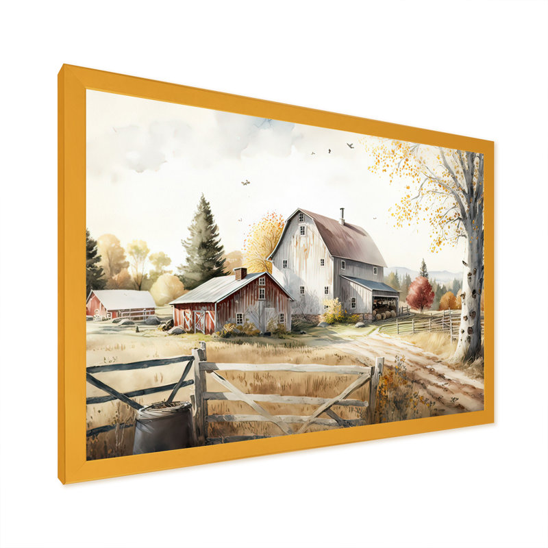 «Beautiful Barn In Spring II», art mural sur toile paysage de grange, H 24 po x l 32 po, Cadre photo unique, Doré