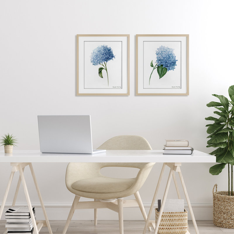 «In Bloom Hydrangeas», ensemble de 2 impressions encadrées sous verre, par Danielle Murray, Cadre de récolte en pin