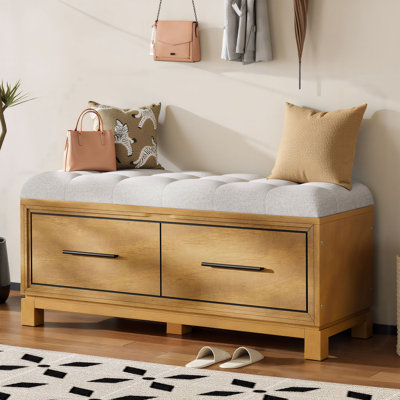 42.98" Wide Flip-Top Natural Storage Bench With Removable Cushion And Jogging Hinges Pine Entryway Bench