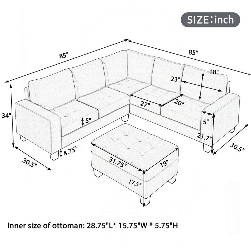 Sectional Corner Sofa L-Shape Couch Space Saving With Storage Ottoman & Cup Holders Design For Large Space Dorm Apartment