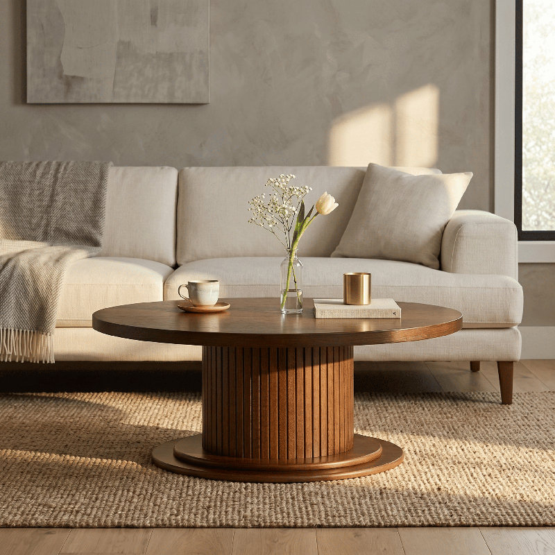 NTC Summit Modern Classic Tambour Wooden Round Coffee Table – Waterproof & Heat Resistant, Dark Walnut