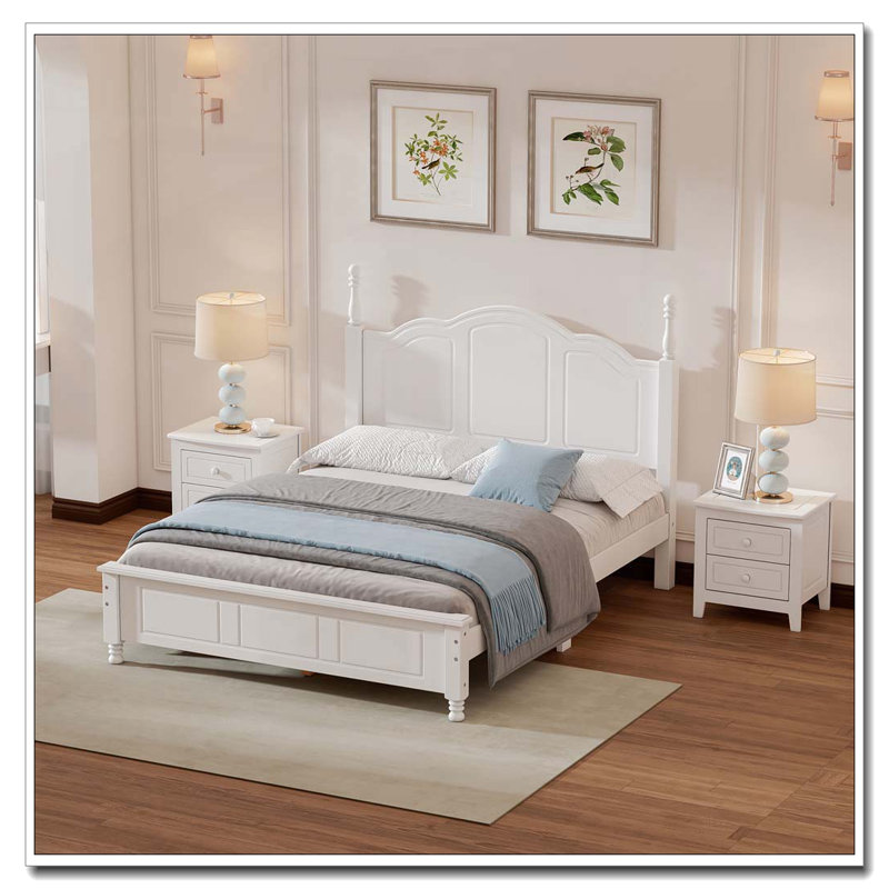 Ensemble de chambre à coucher 3 pièces, lit plateforme double en bois et deux tables de chevet - blanc, Blanc, Double