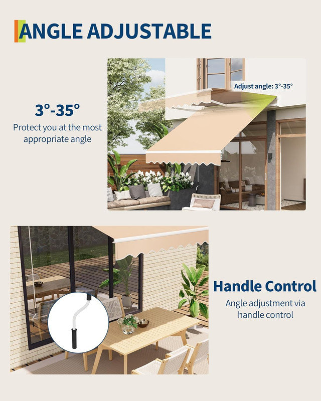 10'x8' Manual Retractable Awning with Crank Handle, Waterproof PU-Coated Polyester, Aluminum Frame for Deck, Patio, Porch, Balcony