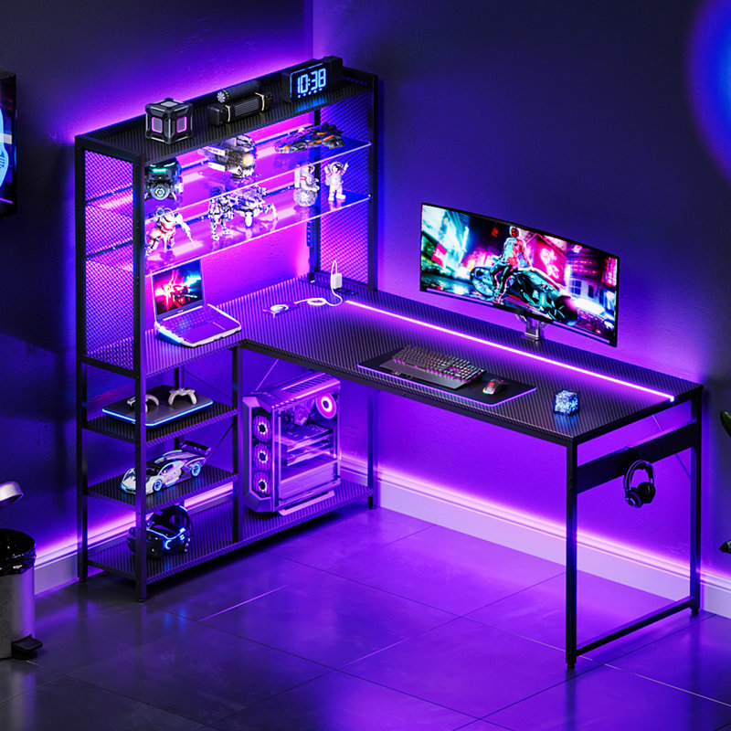 Reversble L-shaped Desk With Large Glass Display Storage Shelves, Computer Desk With Power Outlet, Gaming Table With Led Lights And Versatile Hook