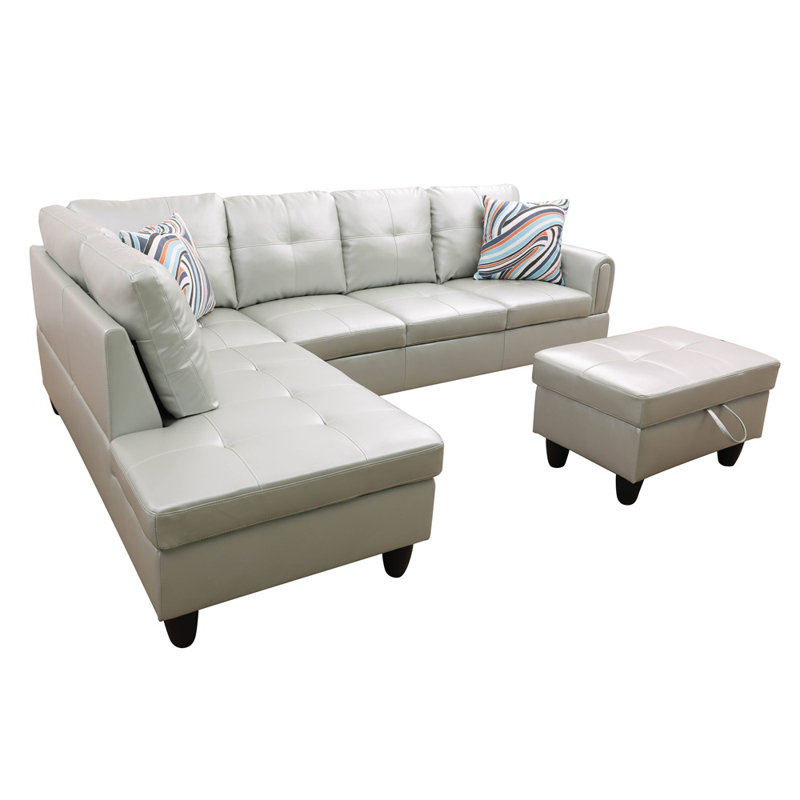 Henryleo Faux Leather L-Shaped Sectional, Left Hand Facing, Silver Green Faux Leather