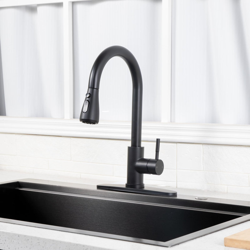 Robinet de cuisine rétractable noir mat avec douchette | Poignée simple en acier inoxydable à arc élevé, installation à 1/3 trou avec plaque de pont pour lavabo