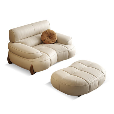 Creamy-white Genuine Leather Cushion Arm Chair with Ottoman