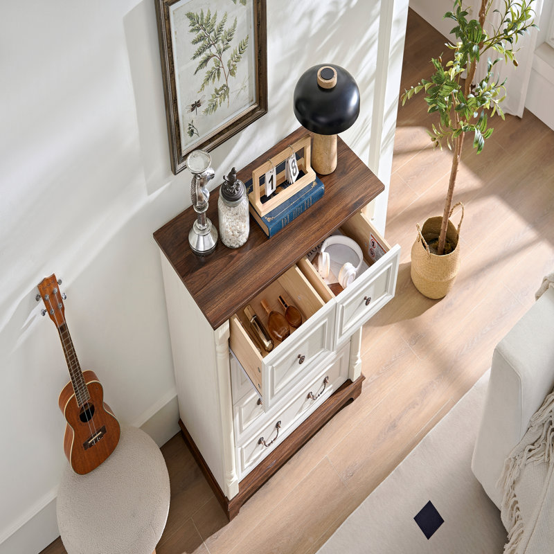 Commode à 5 tiroirs style campagnard avec base en bois, commode rustique avec rangement