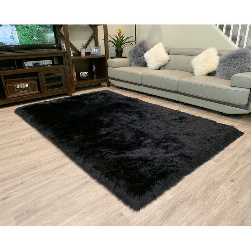 Tapis gris à poils longs fabriqué à la main Hassiem - noir, Rectangle 9 pi x 12 pi