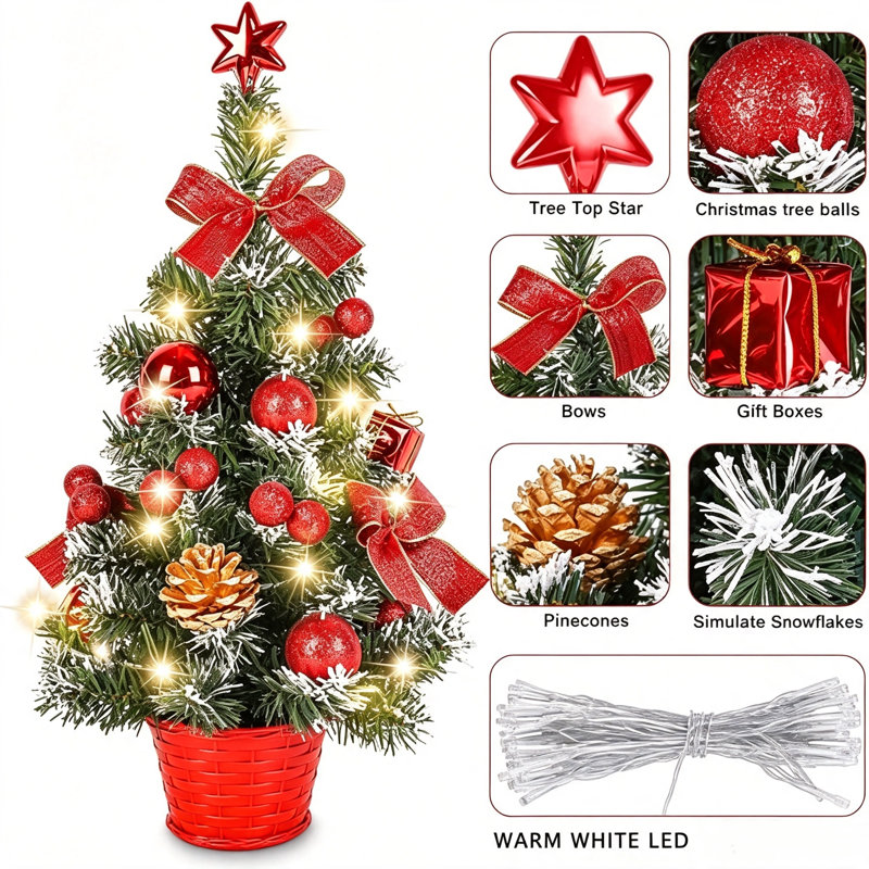 Petit sapin de Noël de bureau de 45 cm avec lumière DEL, orné d'une étoile, d'un nœud et de pommes de pin, idéal pour la décoration intérieure et les cadeaux. Couleur rouge.