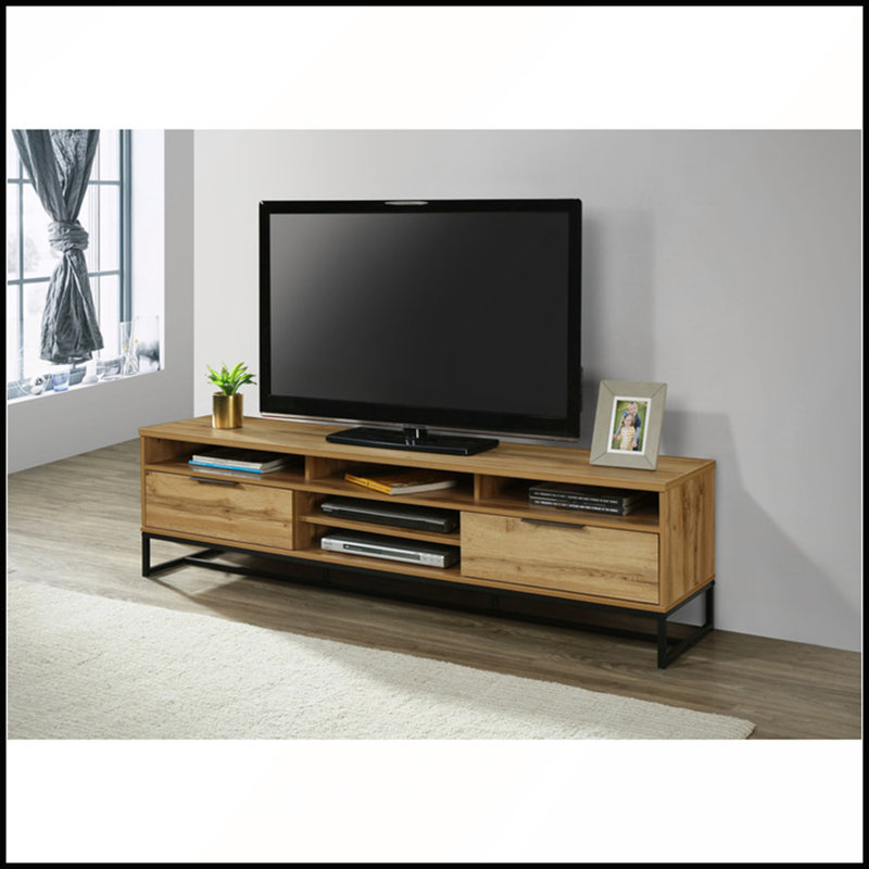 Meuble télé en chêne massif de 180 cm (71 po) avec 5 tablettes et 2 tiroirs, idéal pour les téléviseurs de 70 et 80 pouces.