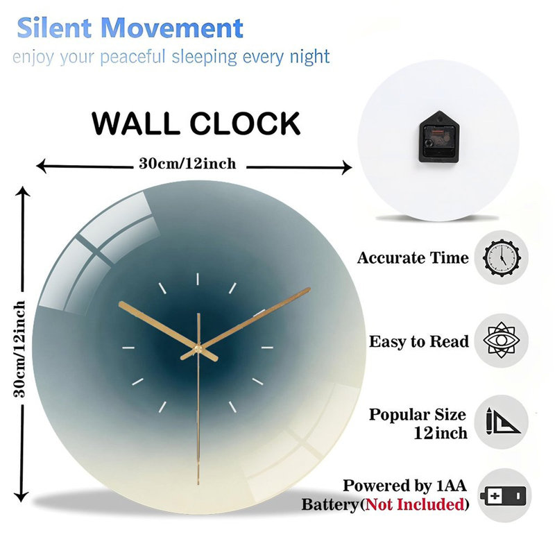 Horloge murale 12 po ronde en verre trempé avec mouvement à quartz silencieux, Gris / bleu / dégradé