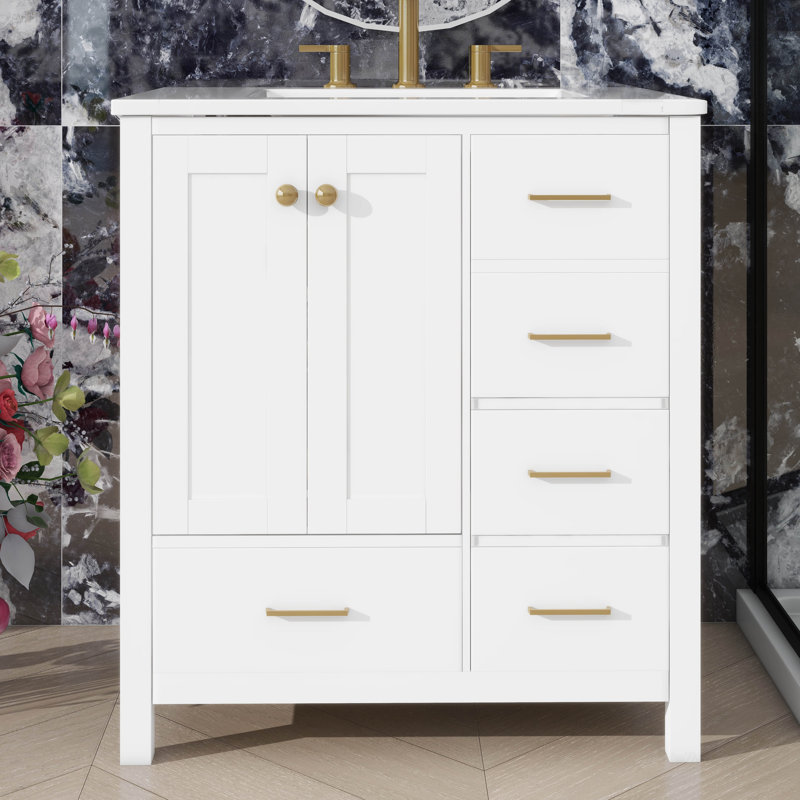 Meuble-lavabo autoportant 30 po avec 4 tiroirs et portes à fermeture en douceur, Blanc
