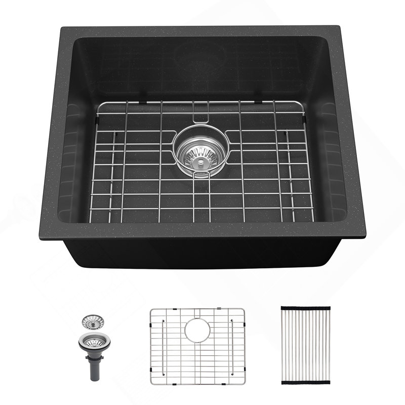 Quartz Kitchen Sink - 21" X 18" X 9.65" Black Granite Composite Undermount Bar Sink