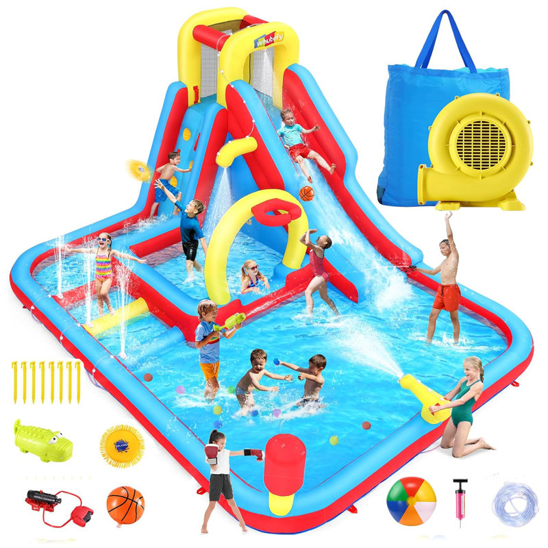Parc aquatique gonflable Mega de 13 pi x 10 pi avec souffleur turbo de 52 W Adam - Combo de maison de rebond géante pour l'extérieur de 6,8 pi, glissoire de qualité commerciale et panier de basketball, parc aquatique de 350 lb pour 5 enfants