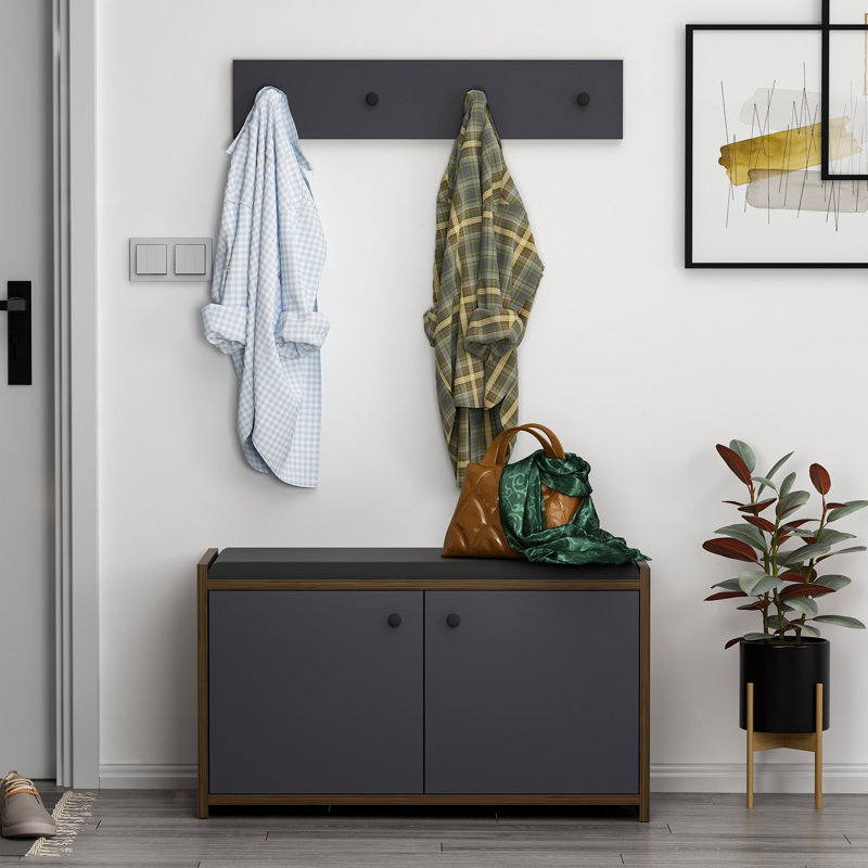Modern Shoe Cabinet with 2 Drawers & Wall-Mount Hanger, Anthracite | 31.5 x 17.7 x 13.8 inches | 100% Melamine Coated Particle Board, PVC Edgebanding, Multiple Shelves | Stylish & Functional Storage Solution for Entryway