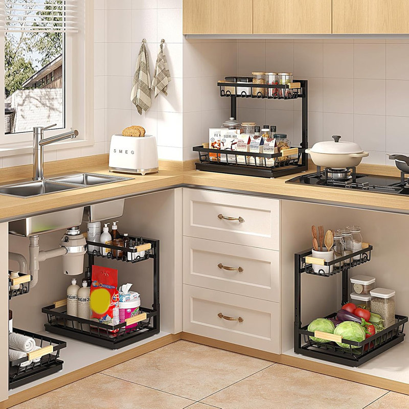 Rangement sous évier - Grand, noir - Tablette de rangement à 2 niveaux réglable en hauteur, organisateur d'armoires de cuisine et de salle de bain polyvalent