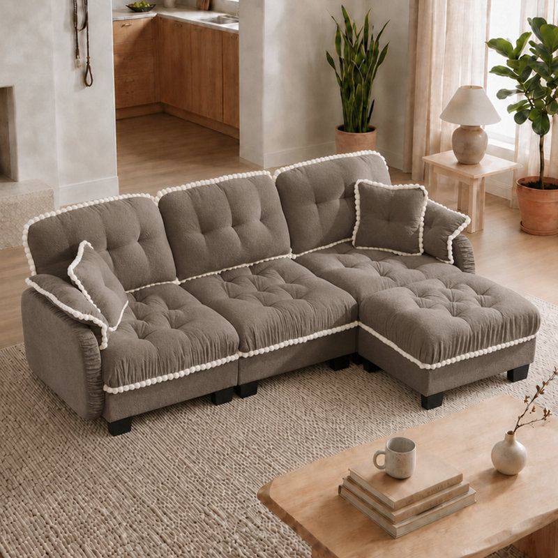 Canapé 3 places en chenille capitonnée avec coussin lombaire et repose-pieds, Brun